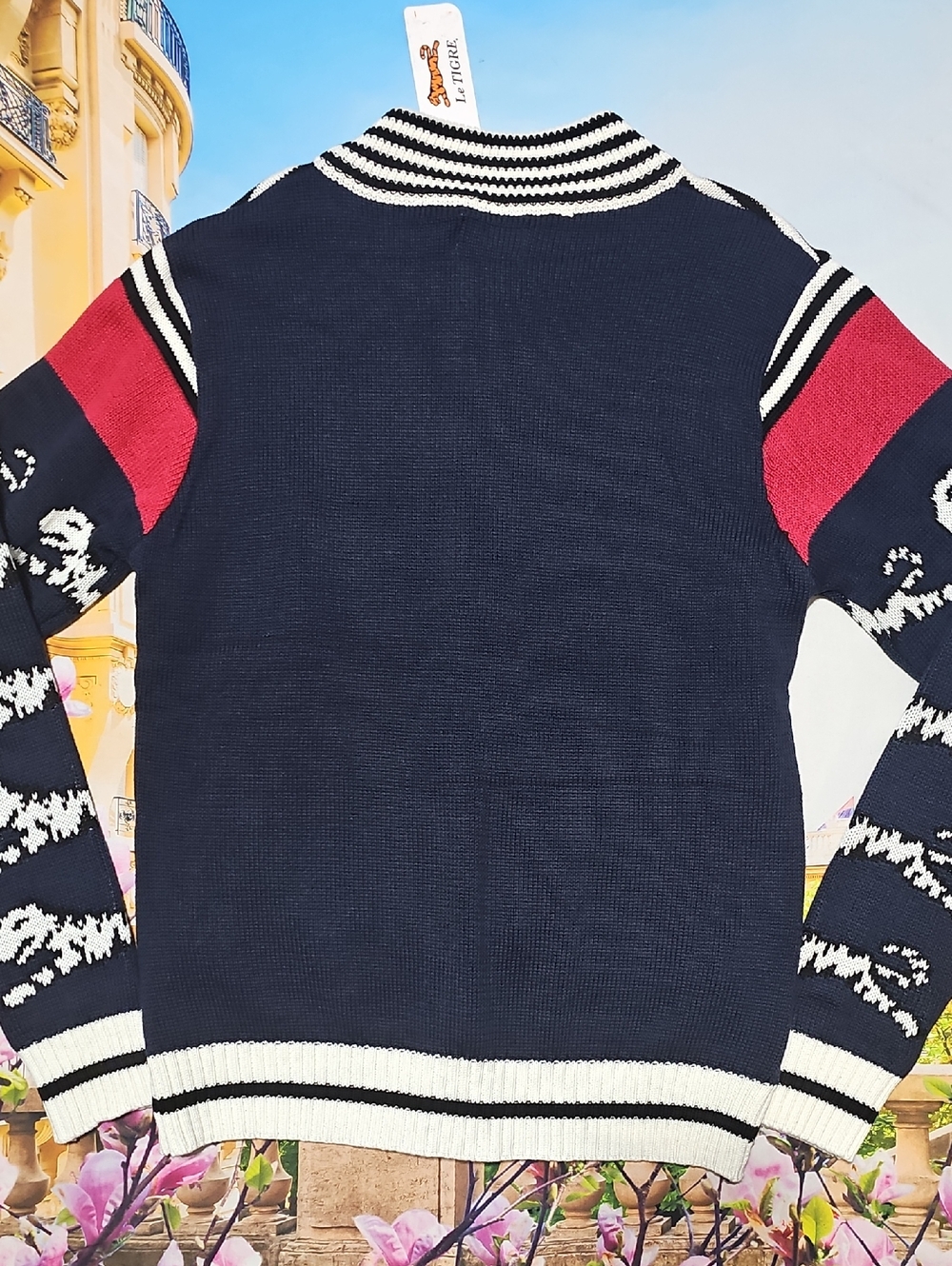 Le Tigre Navy Red and White Zip-Up Knit Sweater with Tiger Motif Large New - Picture 8 of 10